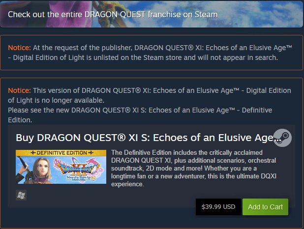Dragon Quest XI Unlisted on Steam