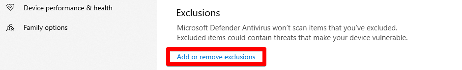 Clicking on Exclusions