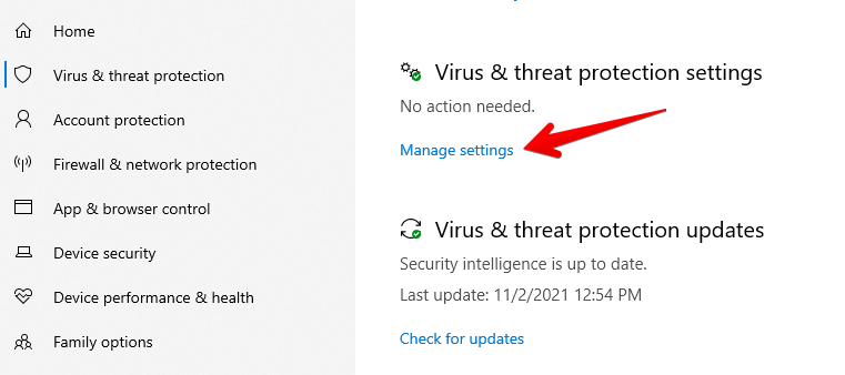 Managing "Virus and Threat Protection Settings"