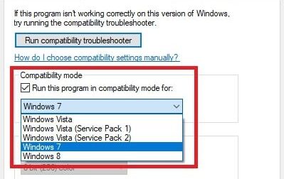Selecting Compatibility Mode for Windows 7