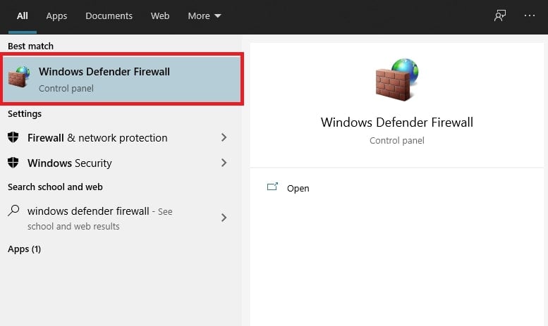 Open Windows Defender Firewall