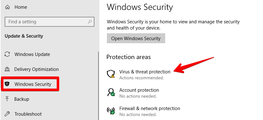 Clicking on "Virus and threat protection"