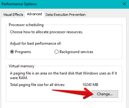 Clicking on "Change" Under Virtual Memory