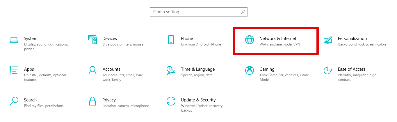 Clicking on the "Network and Internet" Option