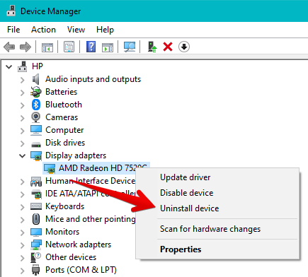 Uninstalling the Graphics Driver Using the Device Manager App