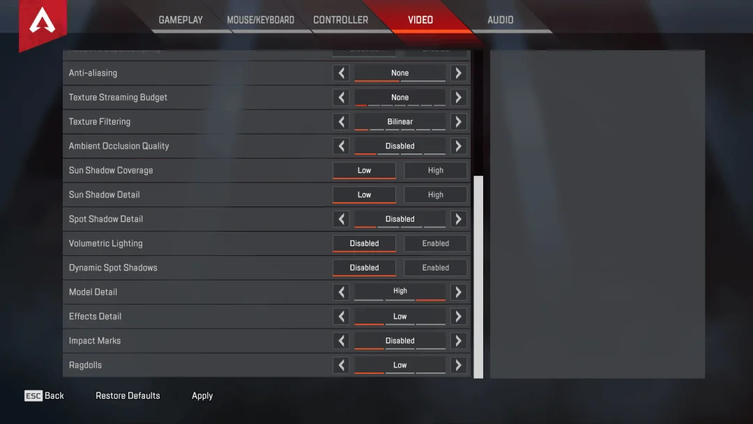 Imperialhal's Video settings for Apex Legends
