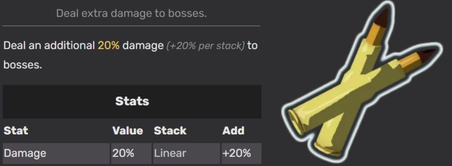 The Armor-Piercing Bullets 20% additional damage to bosses.