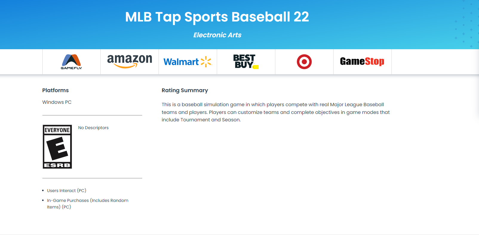 MLB Tap Sports ESRB rating