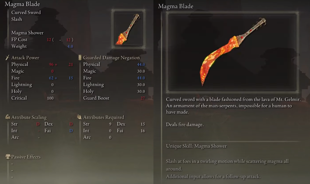 Magma Blade in Elden Ring description.