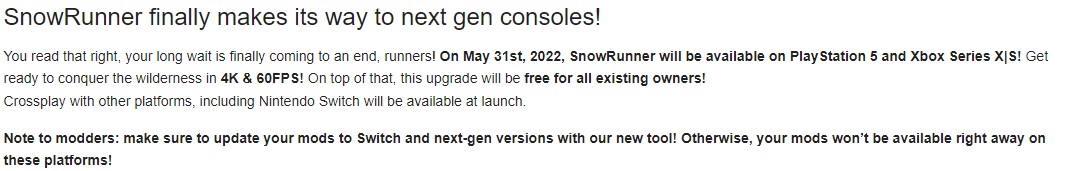 SnowRunner Update next-gen upgrade