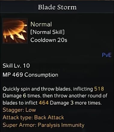 Skill description of Blade Strom in Lost Ark Sharpshooter build.