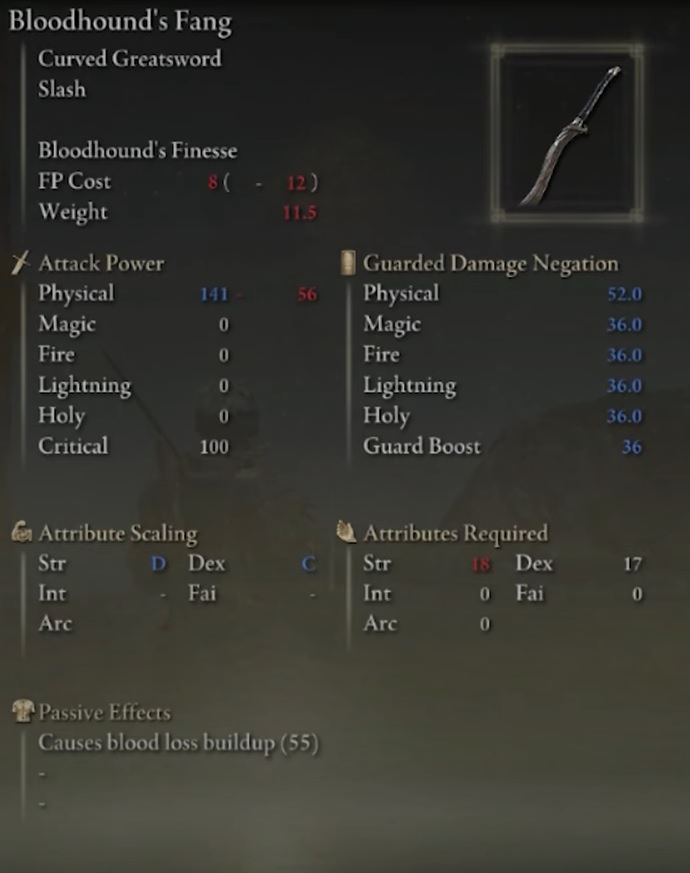 Stats of blood weapon, Bloodhound's Fang in Elden Ring.