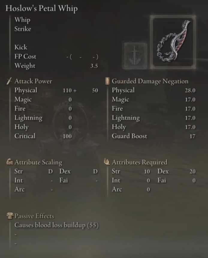 Stats of Hoslow's Petal Whip.