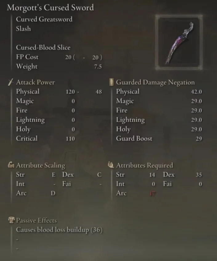 Morgott's Cursed Sword's Stats in Best Blood Weapons in Elden Ring.
