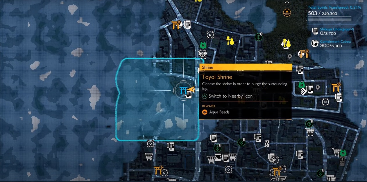 Toyoi shrine's location on the map in Ghostwire Tokyo