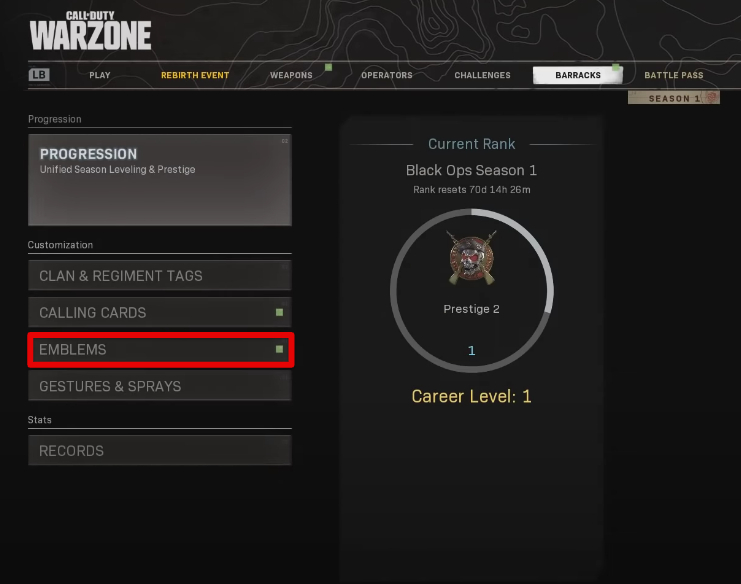 Accessing the "Emblems" Area Next