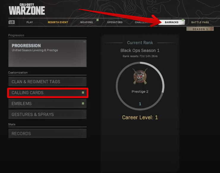 Selecting "Calling Cards" From the "Barracks" Section in Warzone