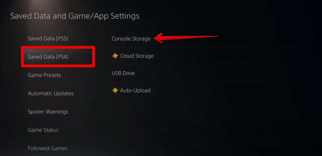 Selecting the Console Storage of PS4 Saved Data