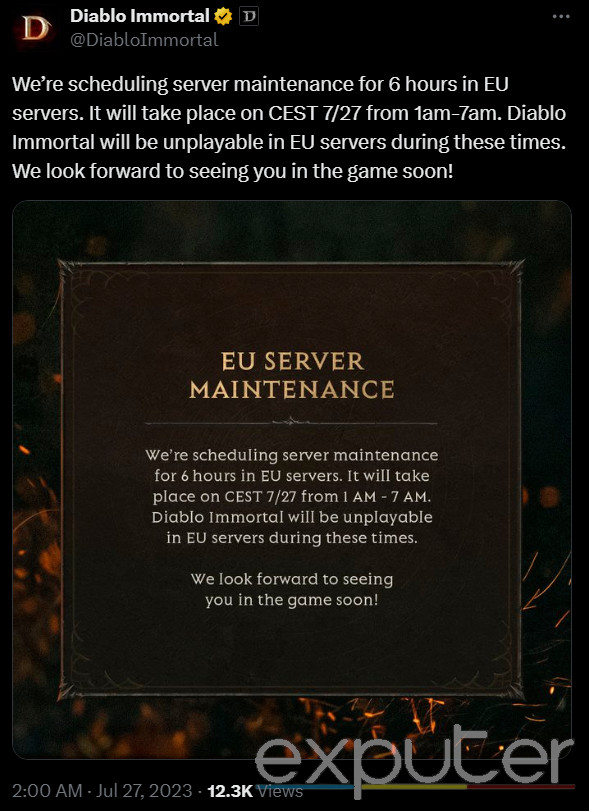 Diablo Immortal Server maintenance Tweet 