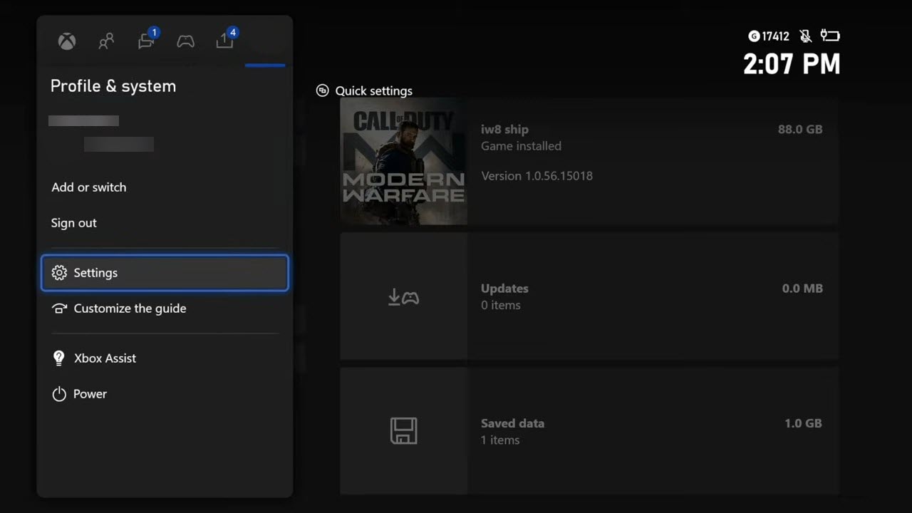 xbox user menu settings