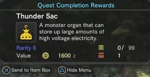 thunder sac completion reward in Monster Hunter Rise