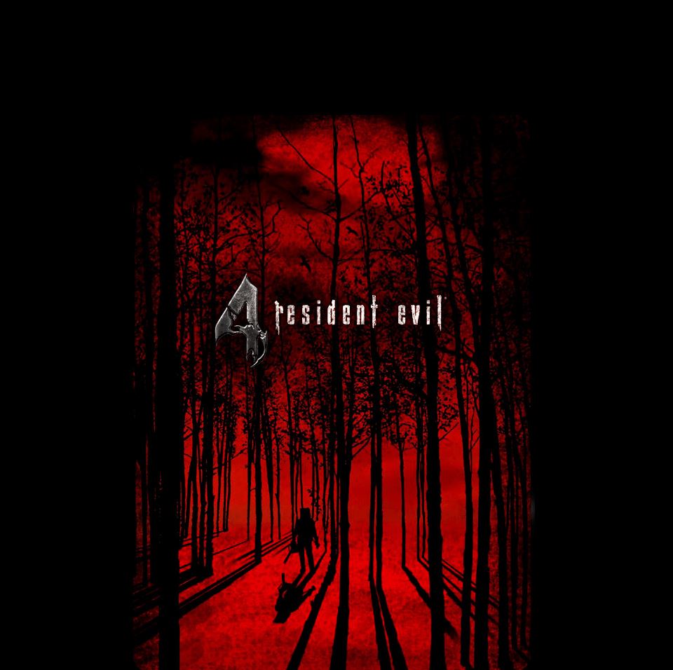 re4 cover with trees wallpaper and chainsaw guy