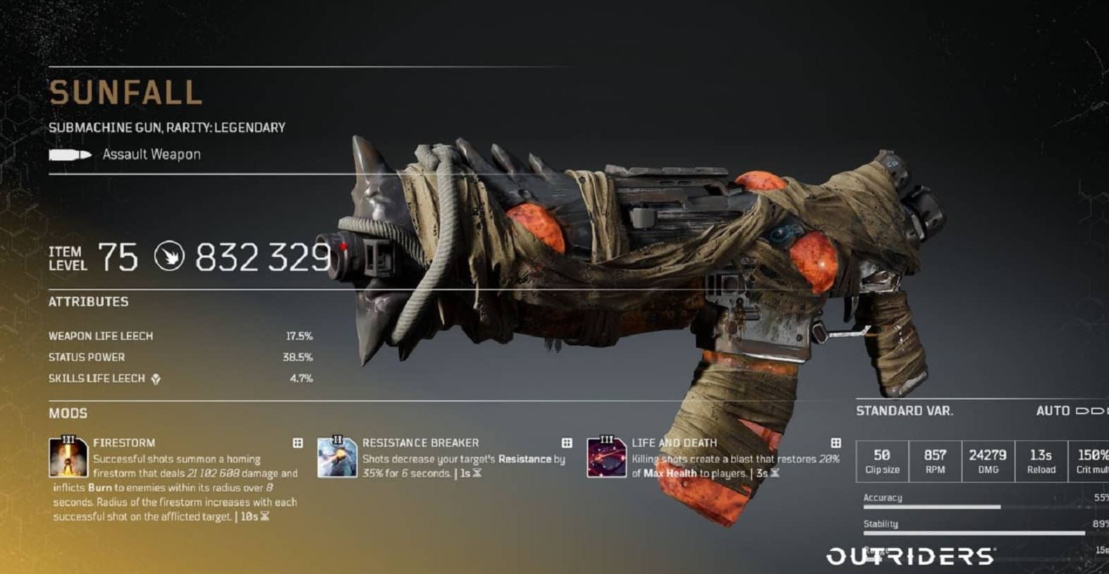 Outriders Worldslayer legendary SMG Sunfall