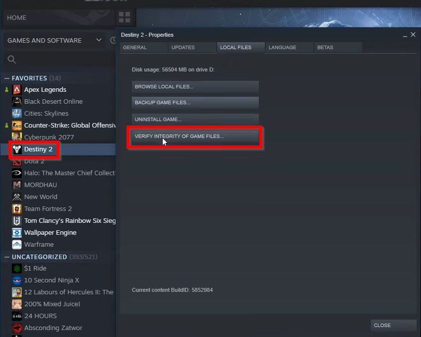 Destiny 2 verify files steam weasel error