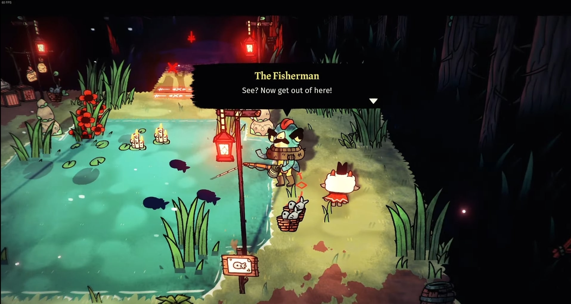 interacting with fisherman to unlock Fishing in Cult Of The Lamb