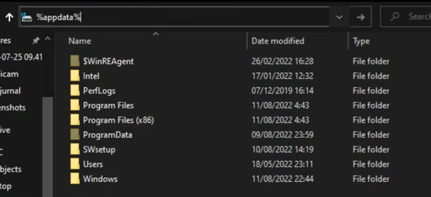 Searching for the "%appdata%" Folder in the File Explorer App