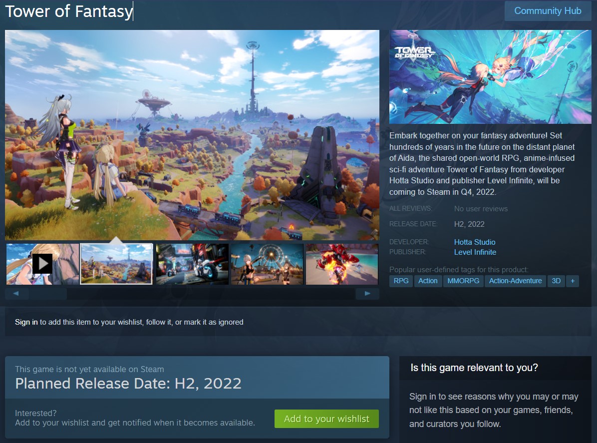 Steam page for Tower Of Fantasy