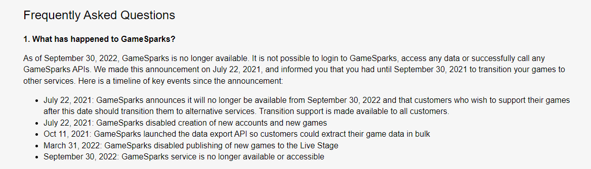 GameSpark Online Services Become Inaccessible After September 30.