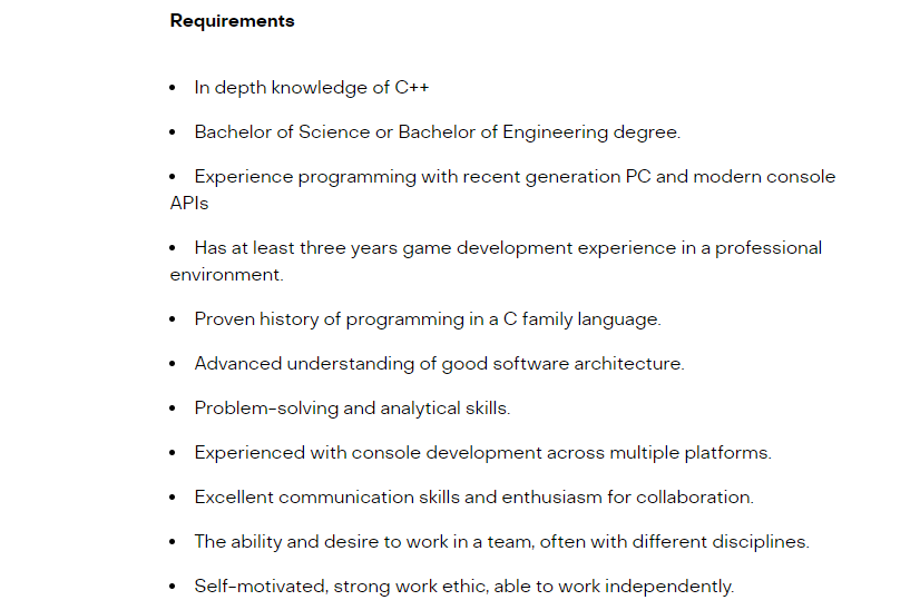 The requirements of the job listing include console development across multiple platforms.