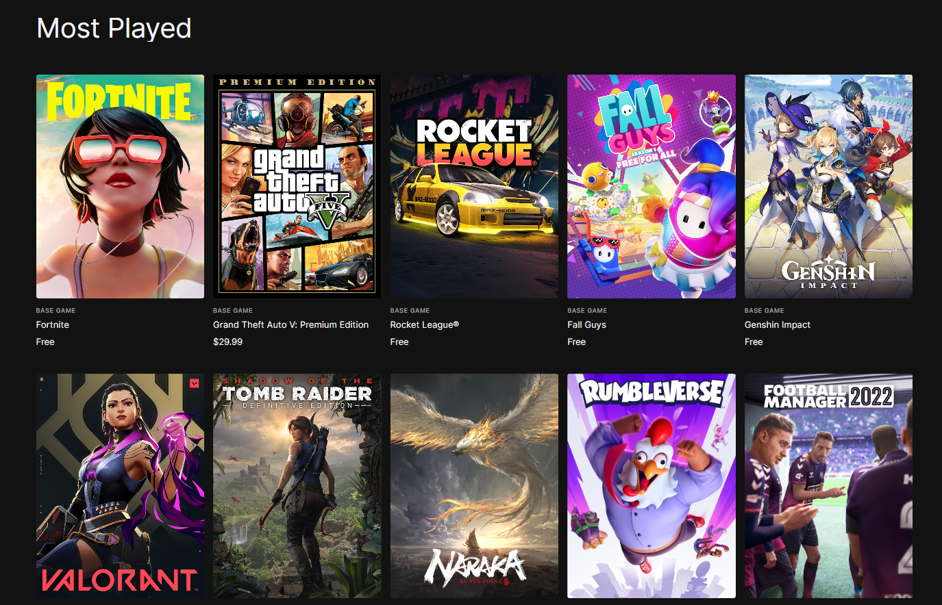 Epic Games Store Top Wishlisted Top Played Most Played Top Player Reviewed