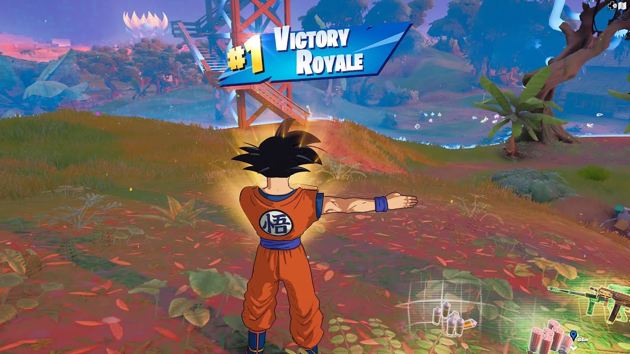 A customized character with Goku skin winning a match in Fortnite.