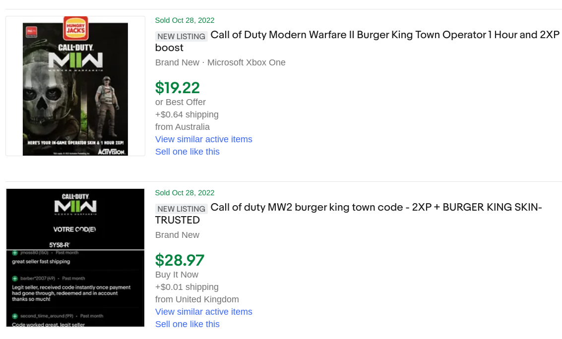 Call of Duty: Modern Warfare 2 Burger King DLC Listings on eBay