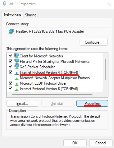 Fix the error by opening Internet Protocol Version 4 (TCIP/IPv4) properties