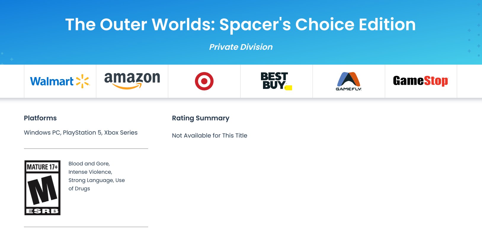 ESRB Rating for The Outer Worlds: Spacers Choice Edition