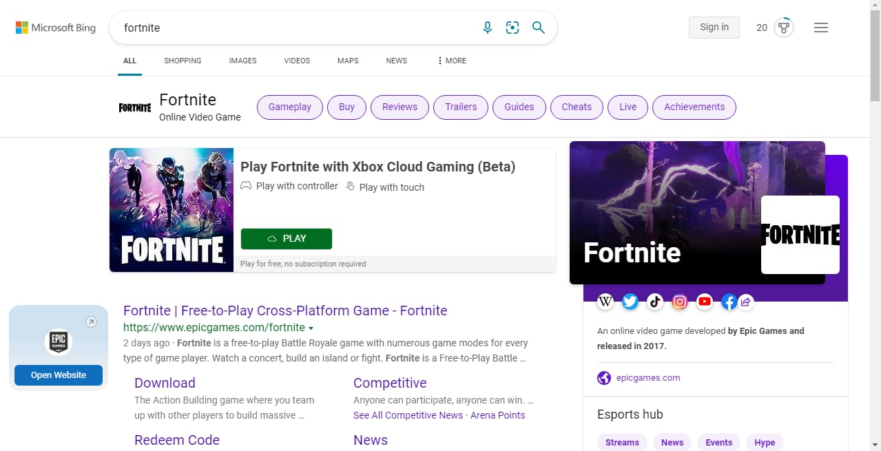 Fortnite search results on Bing