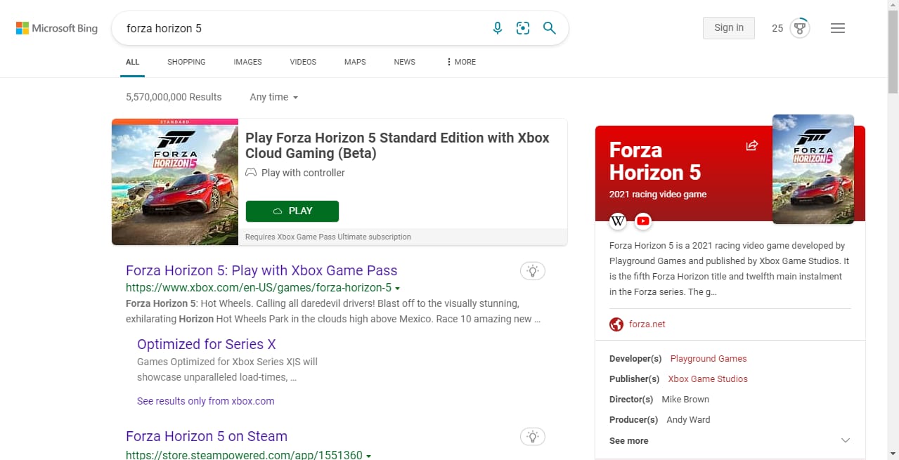 Forza Horizon 5 search result on Bing