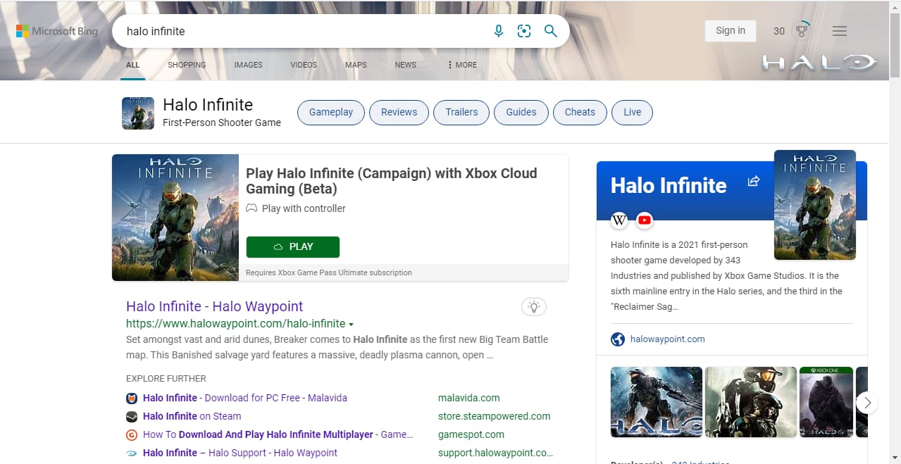 Halo Infinite search result on Bing