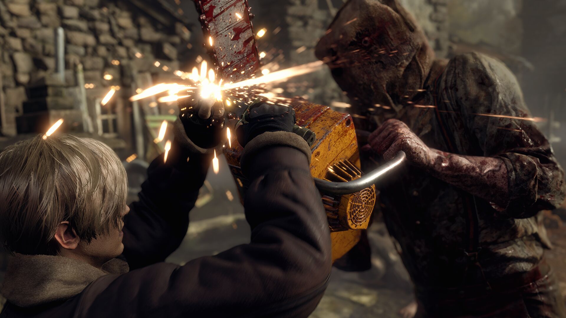 Leon Up Agains the Chainsaw Villager in the Upcoming Resident Evil 4 Remake