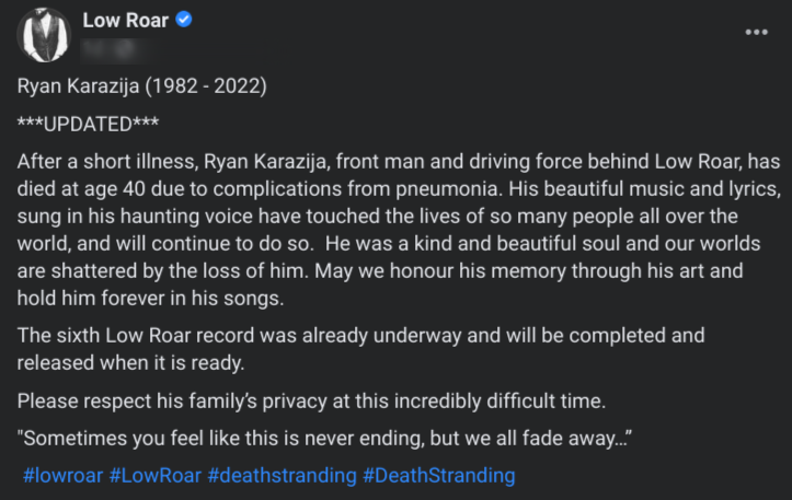 Low Roar on Facebook Making the Death of Ryan Karazija Official
