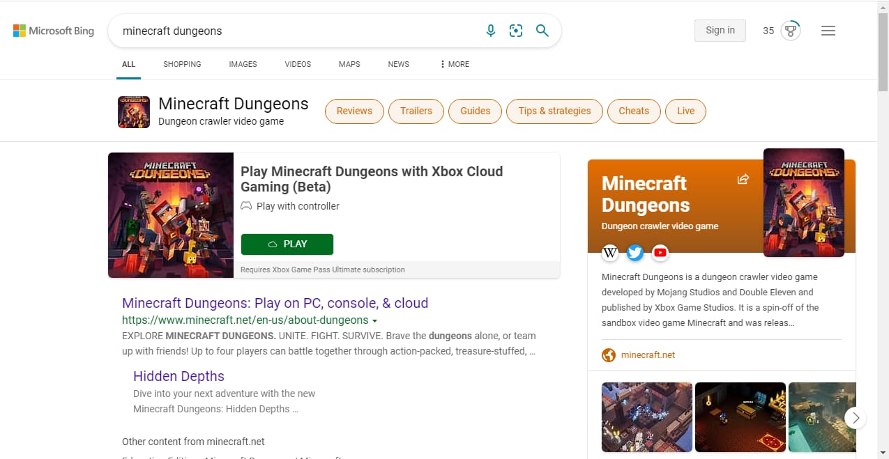 Minecraft Dungeons search result on Bing