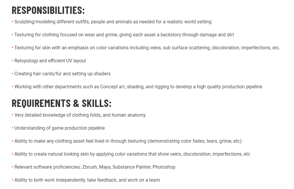 The details of the Job Posting on the Naughty Dog Official Site.