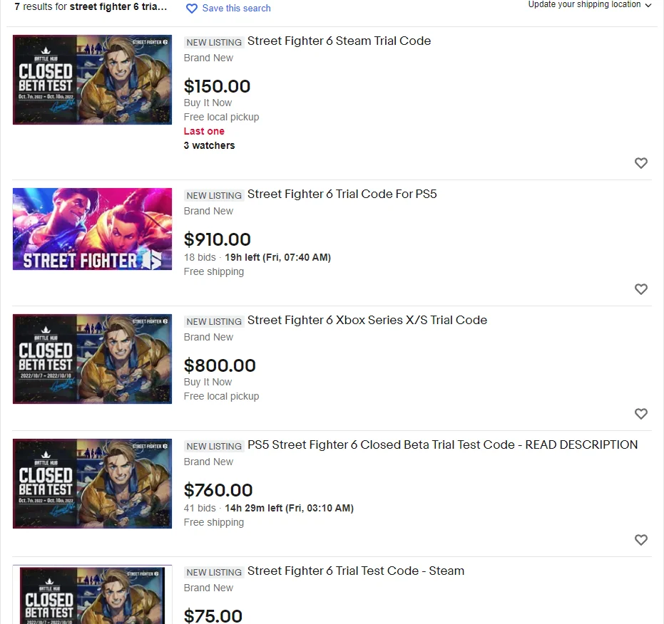 Street Fighter 6 Trial Codes are in high demand on eBay.
