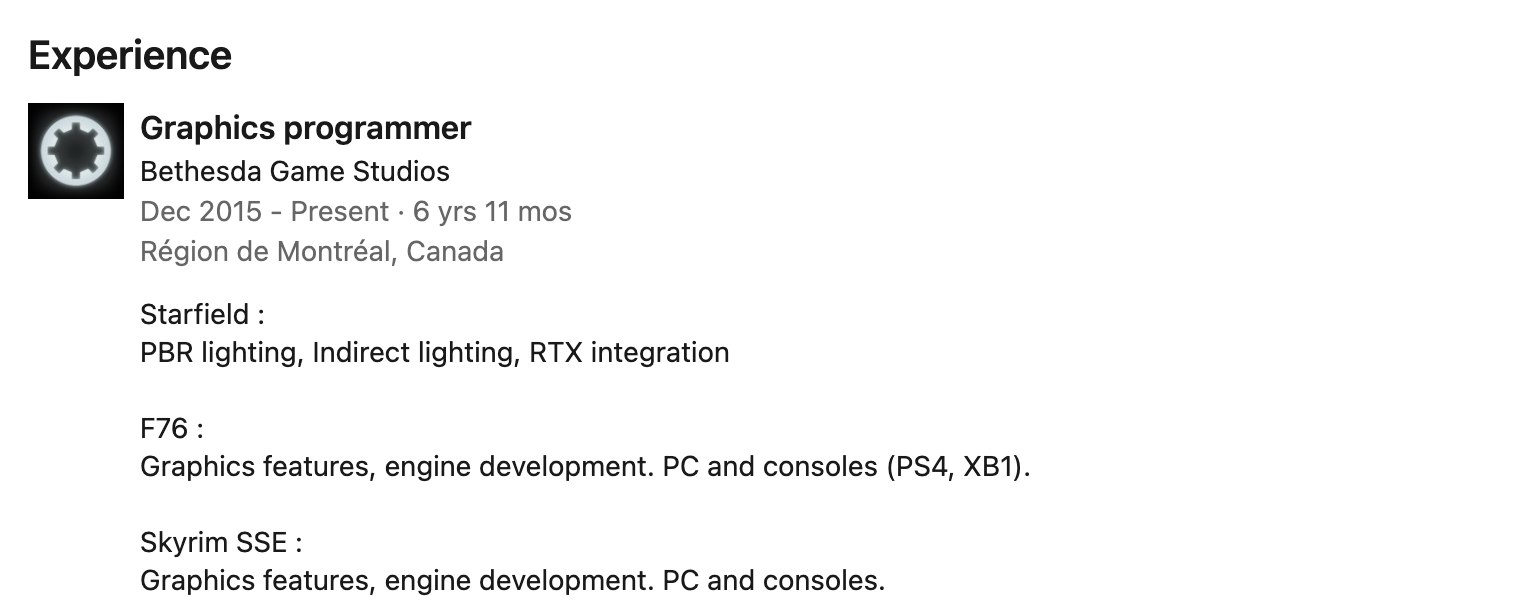 The developer's Linkedin experience, suggests RTX was developed for Starfield.