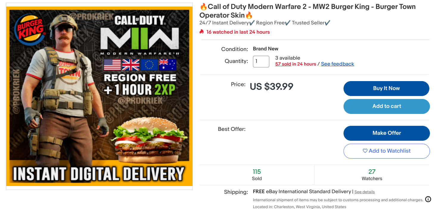 Top-Selling Modern Warfare 2 Burger King DLC Listing on eBay for $40