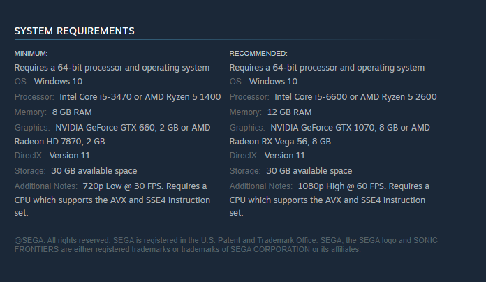 Sonic Frontiers' Updated System Requirements.