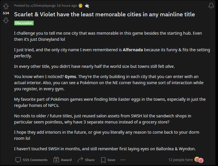 A Reddit user complains about the lack of interesting cities in Pokemon Scarlet and Violet.